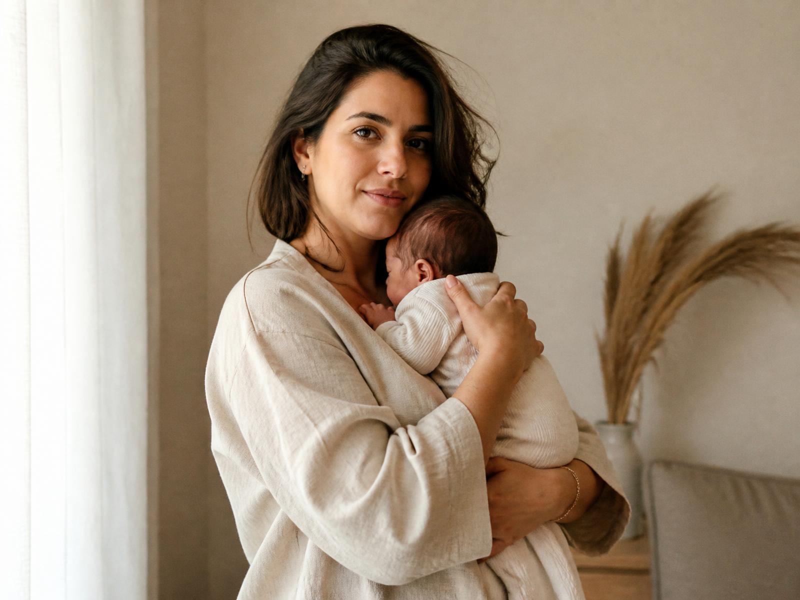 Mãe brasileira segurando seu bebê em luz natural